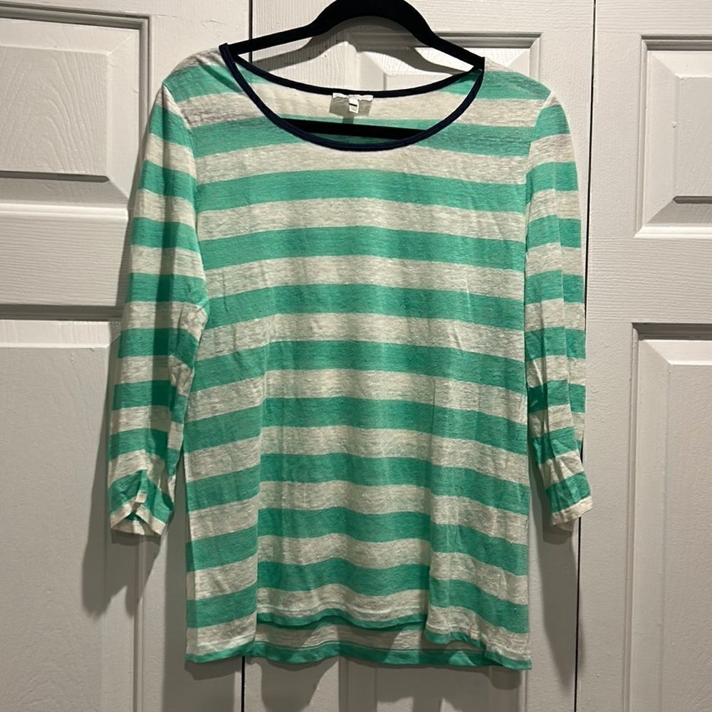 Joie Teal/White lightweight linen striped sweater, Size Large